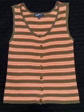 Freshman  Olive and Coral Striped Ribbed Button Tank